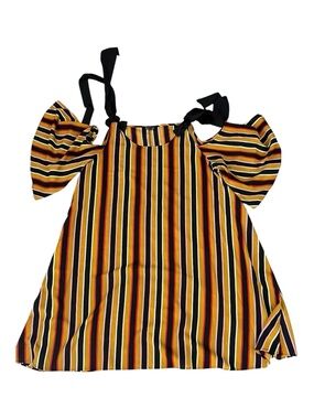 Plus Size Cold-Shoulder Midi Dress with Tie Straps in Black, Yellow & Red Stripe